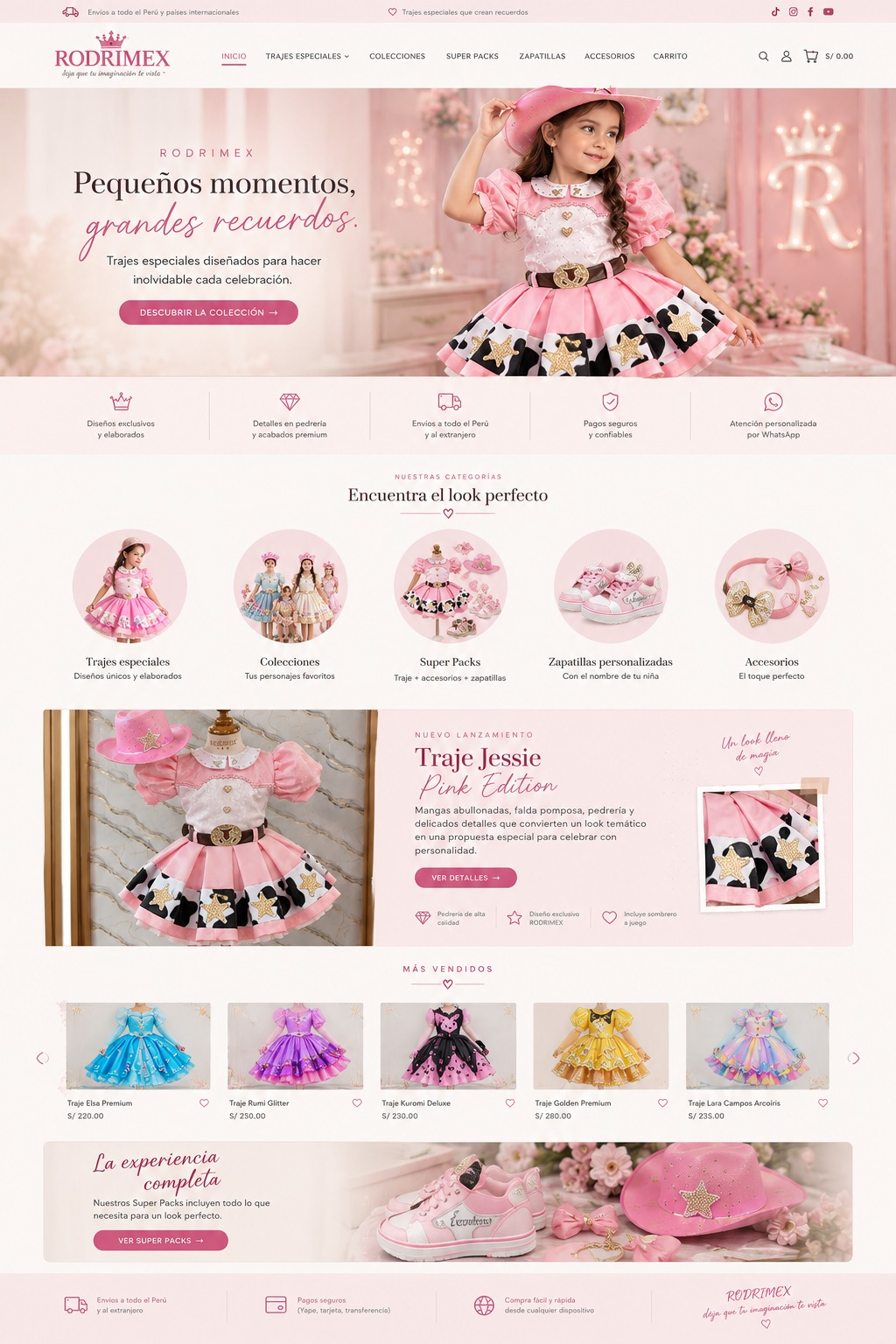 Niña con traje Jessie rosa, sombrero y falda con estrellas doradas en un salón de tonos rosa